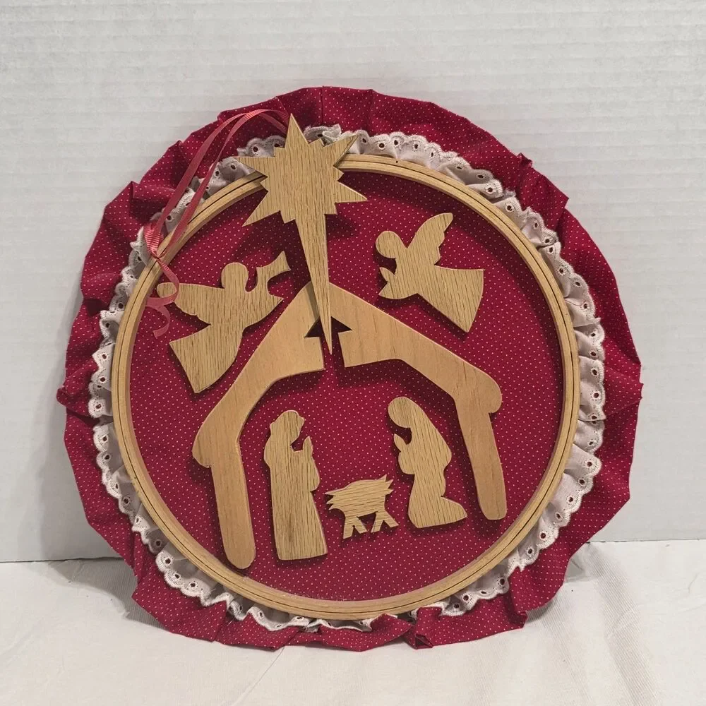 Vintage Nativity Wreathe Wook and Red Fabric